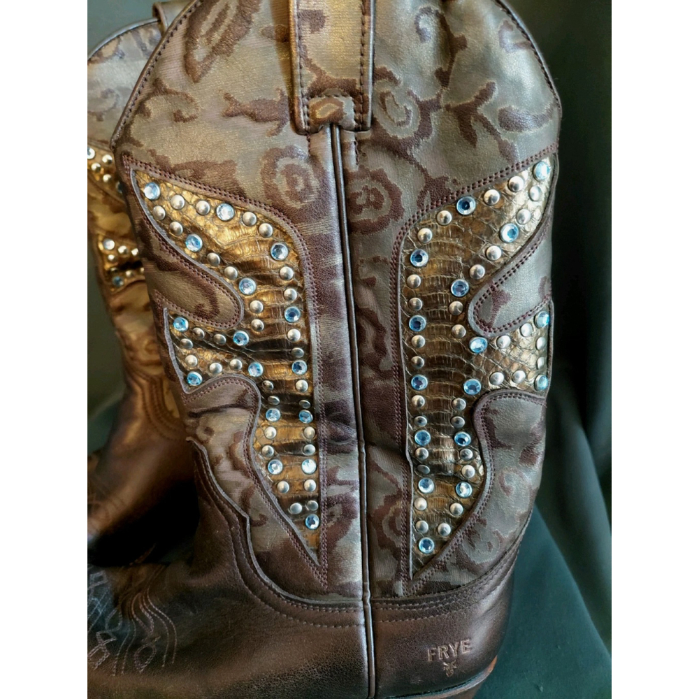 Frye Daisy Duke Cowboy Bronze Leather Mid Calf Embellished Boots Size 7.5 M - Picture 6 of 10